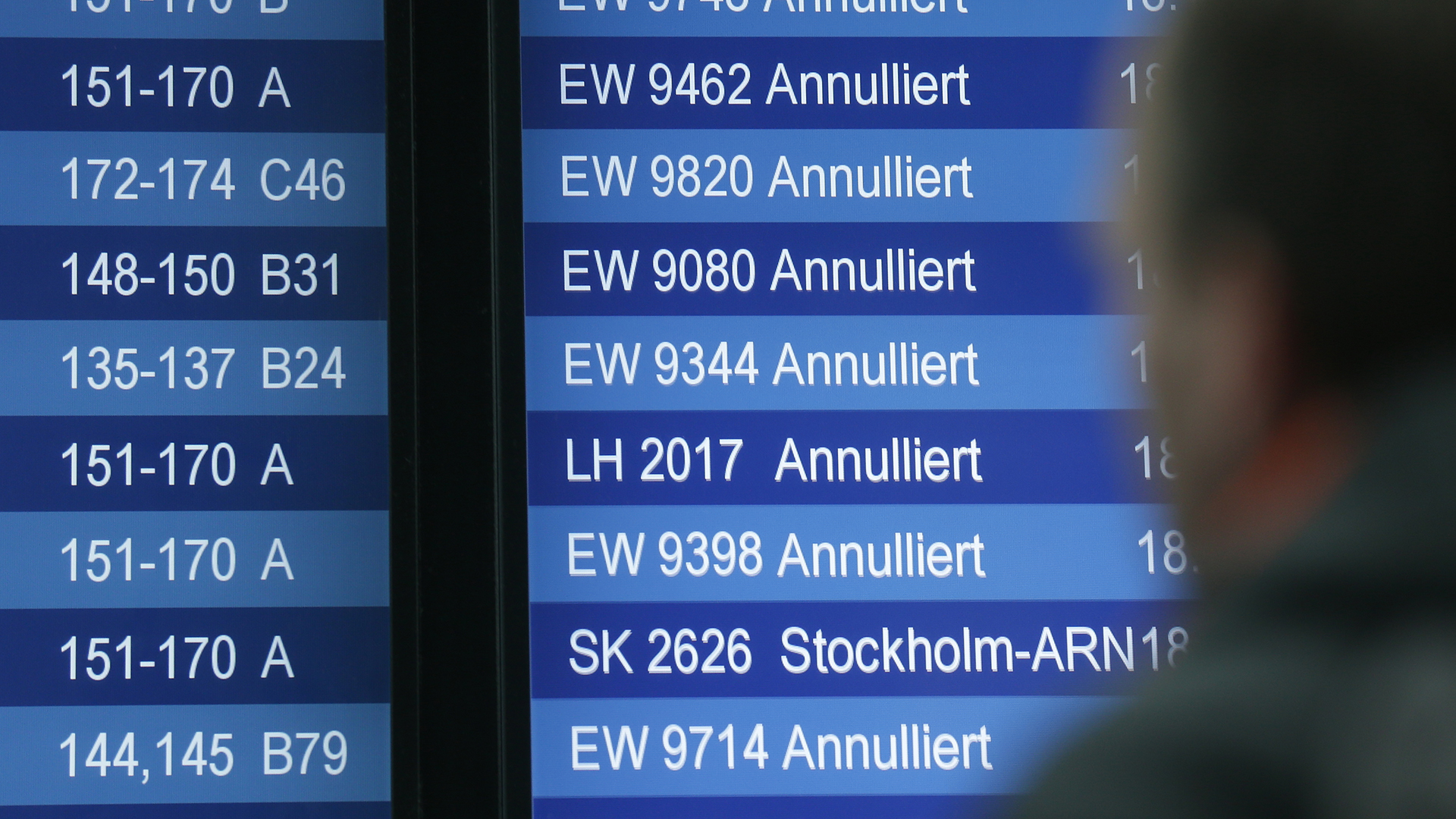 Ein Fluggast betrachtet im Düsseldorfer Flughafen eine Anzeigetafel, die teilweise annulierte Flüge anzeigt. | dpa
