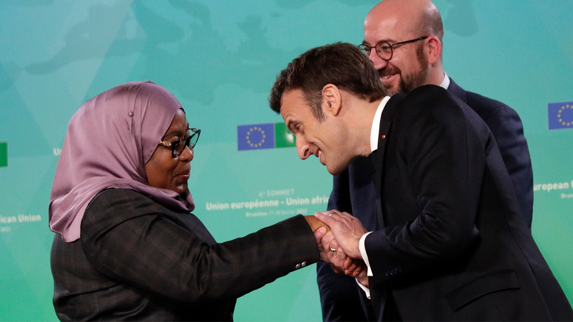 Samia Suluhu Hassan, Emmanuel Macron und Charles Michel | AP