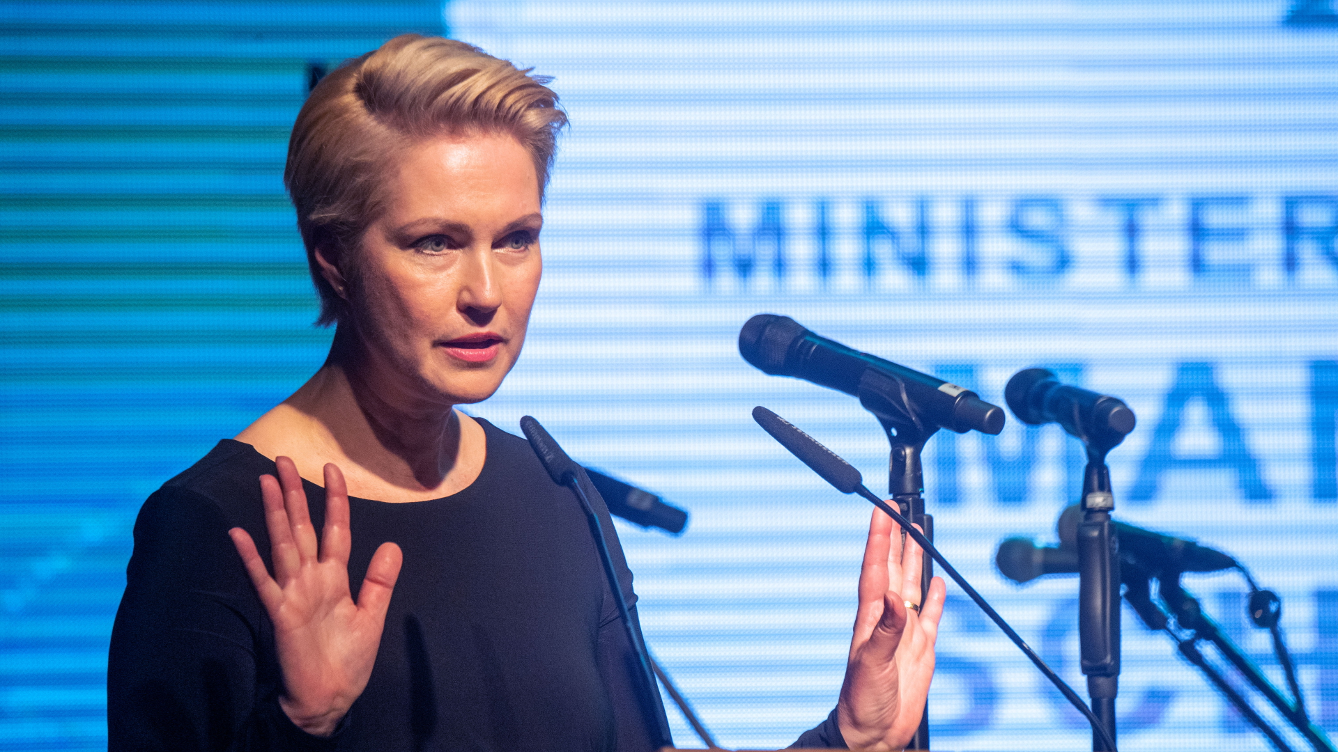 Manuela Schwesig (SPD), Mecklenburg-Vorpommerns Ministerpräsidentin, spricht auf der 5. Windflüchter Charity-Gala. 