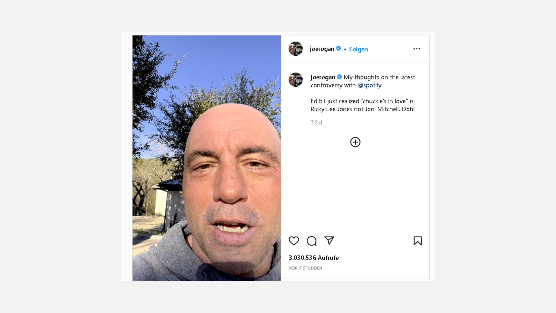 Screenshot eines Instagrambeitrags vom US-Podcaster Joe Rogan zur aktuellen Debatte um Spotify | Instagram