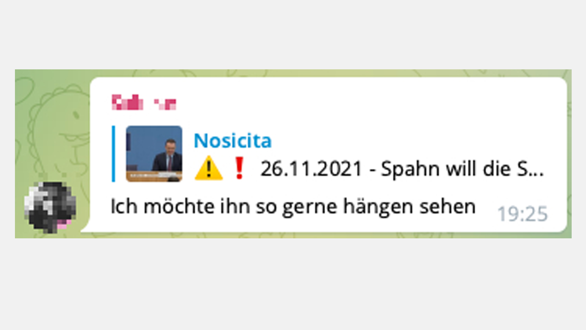 Screenshot von Telegram mit einer Todesdrohung gegen Jens Spahn | Telegram