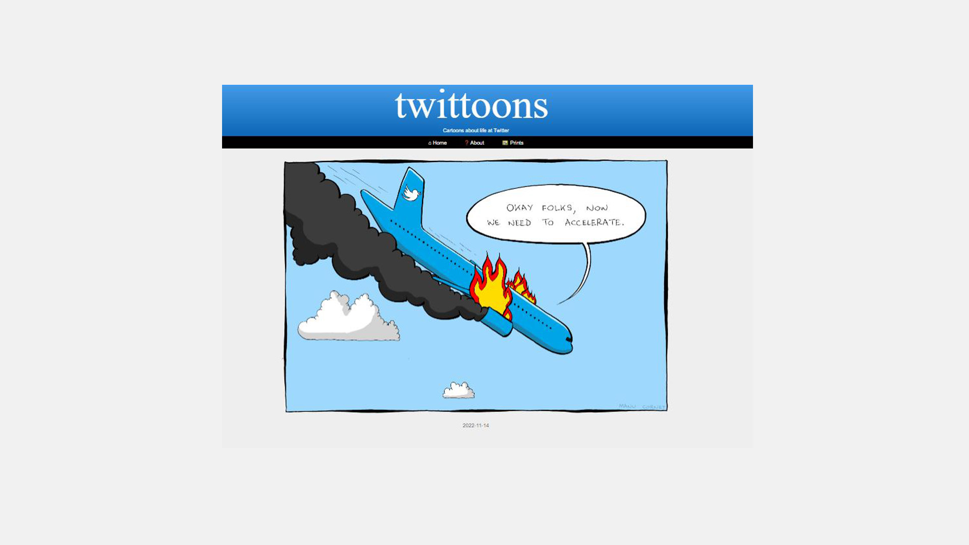 Screenshot der Seite twittoons.com mit einem Comic, das ein brennendes und abstürzendes Flugzeug zeigt und in einer Sprechblase steht: "Nun müssen wir beschleunigen" | twittoons.com