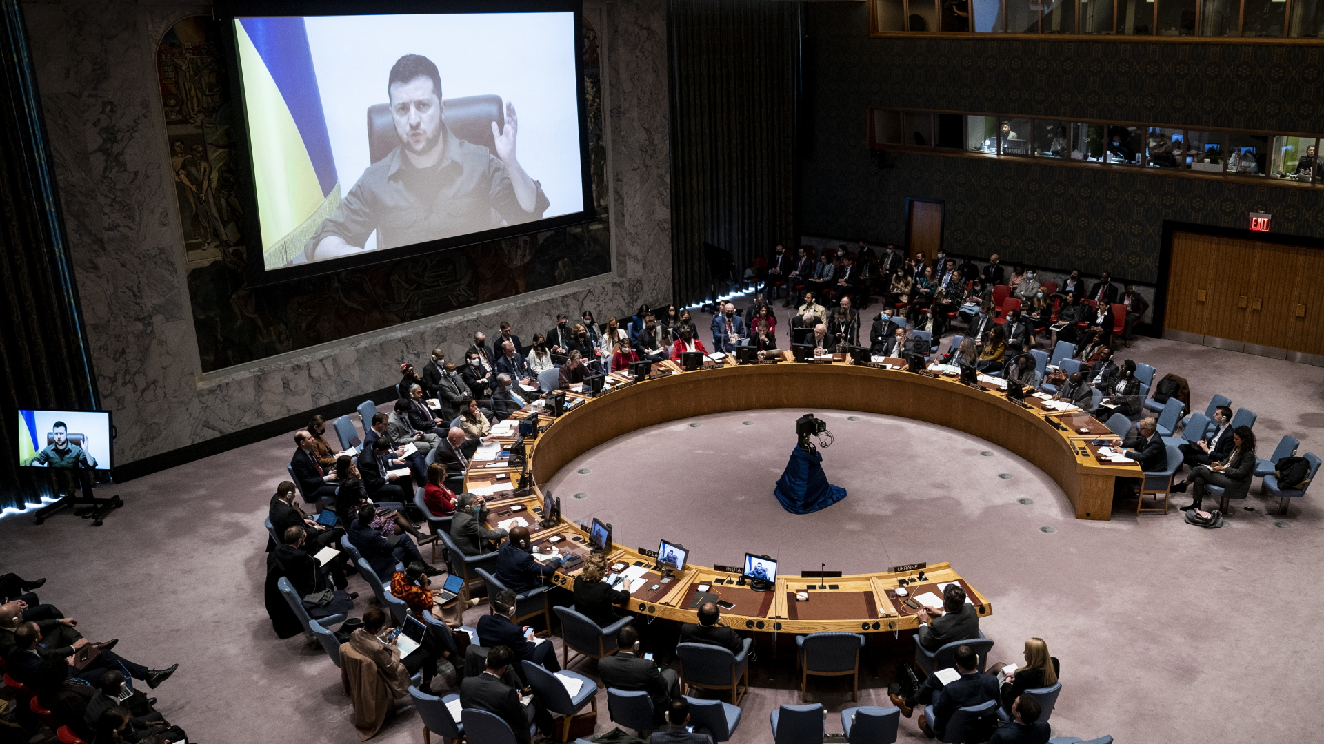 Der ukrainische Präsident Wolodymyr Selenskyj spricht per Videoübertragung während einer Sitzung des UN-Sicherheitsrats 