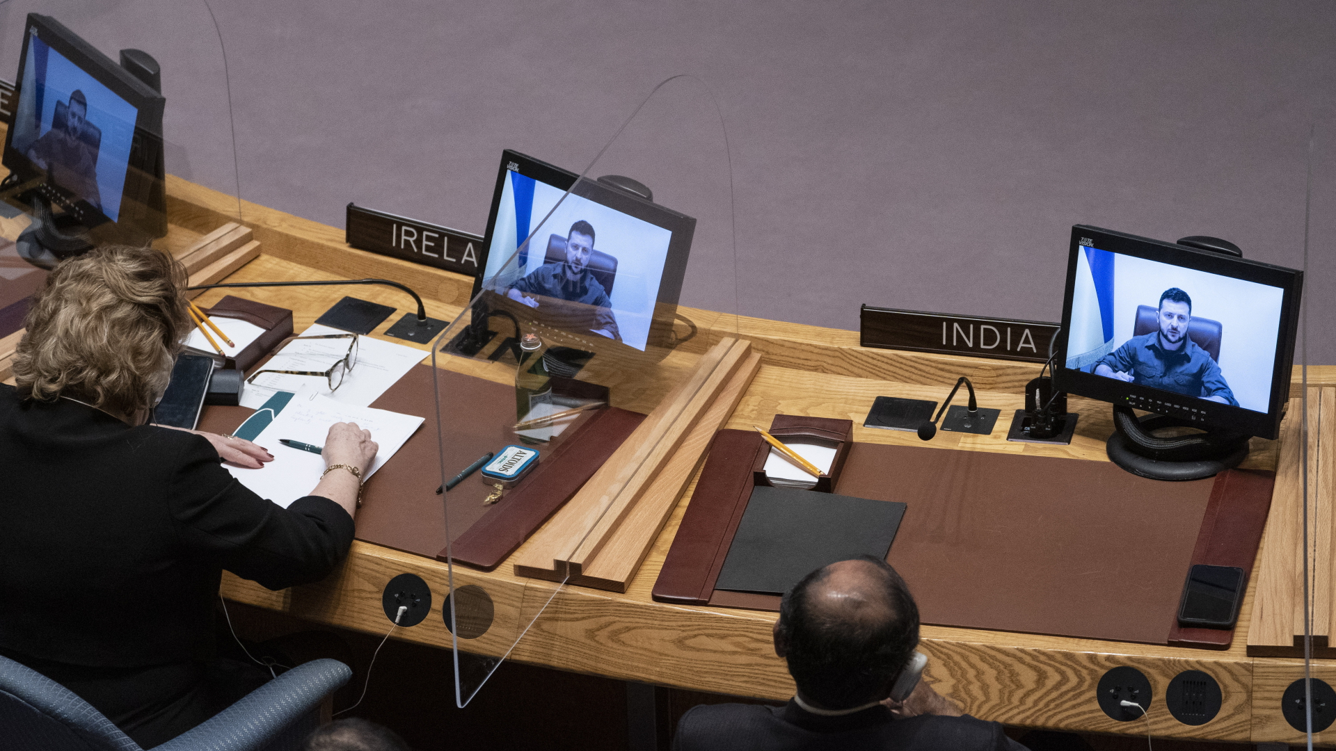 Im UN-Sicherheitsrat wird Selenskyj Rede übertragen. | dpa
