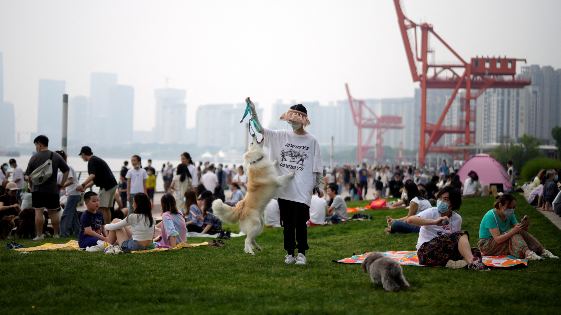 In Shanghai liegen und sitzen Menschen in Gruppen draußen, nachdem der strenge Corona-Lockdown beendet ist. Ein Mann spielt mit seinem Hund. | REUTERS