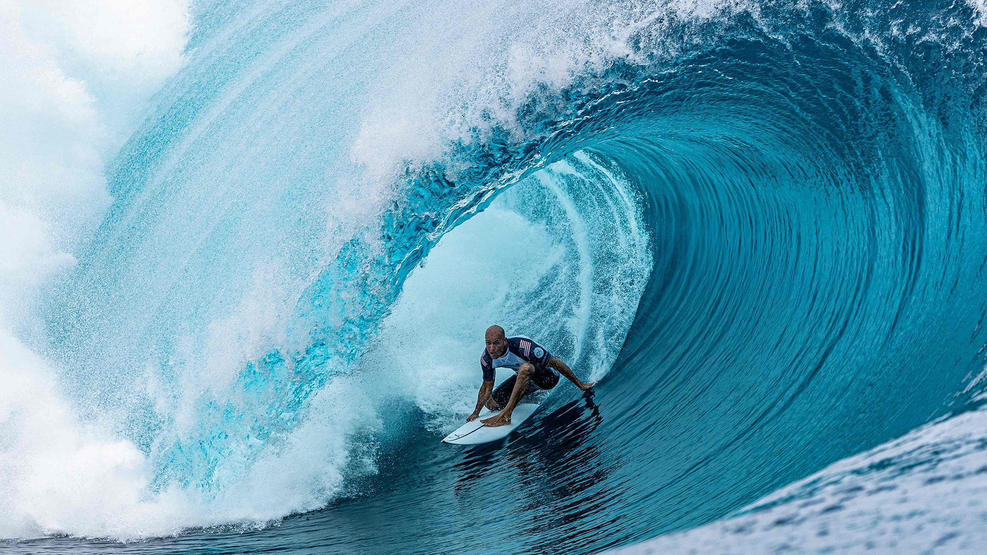 Der US-Amerikaner Kelly Slater nimmt an der Outerknown Tahiti Pro 2022 in Teahupoo (Französisch-Polynesien) teil. | AFP