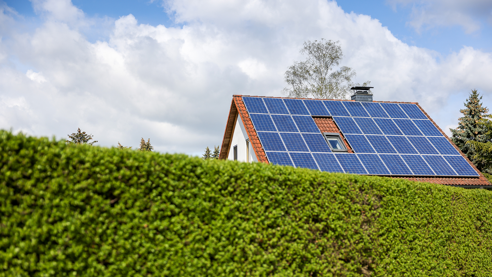 Ein Einfamilienhaus mit Solarzellen auf dem Hausdach steht hinter einer Hecke. | dpa