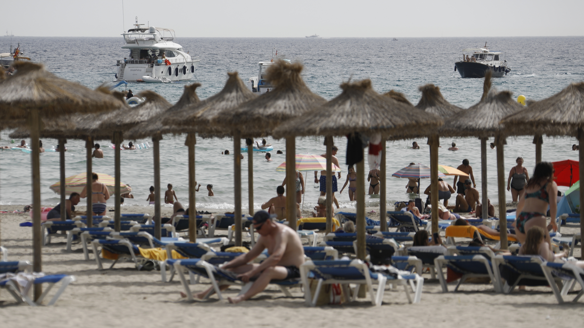 Urlauber liegen in Spanien auf Sonnenliegen am Strand von Calvia. | dpa
