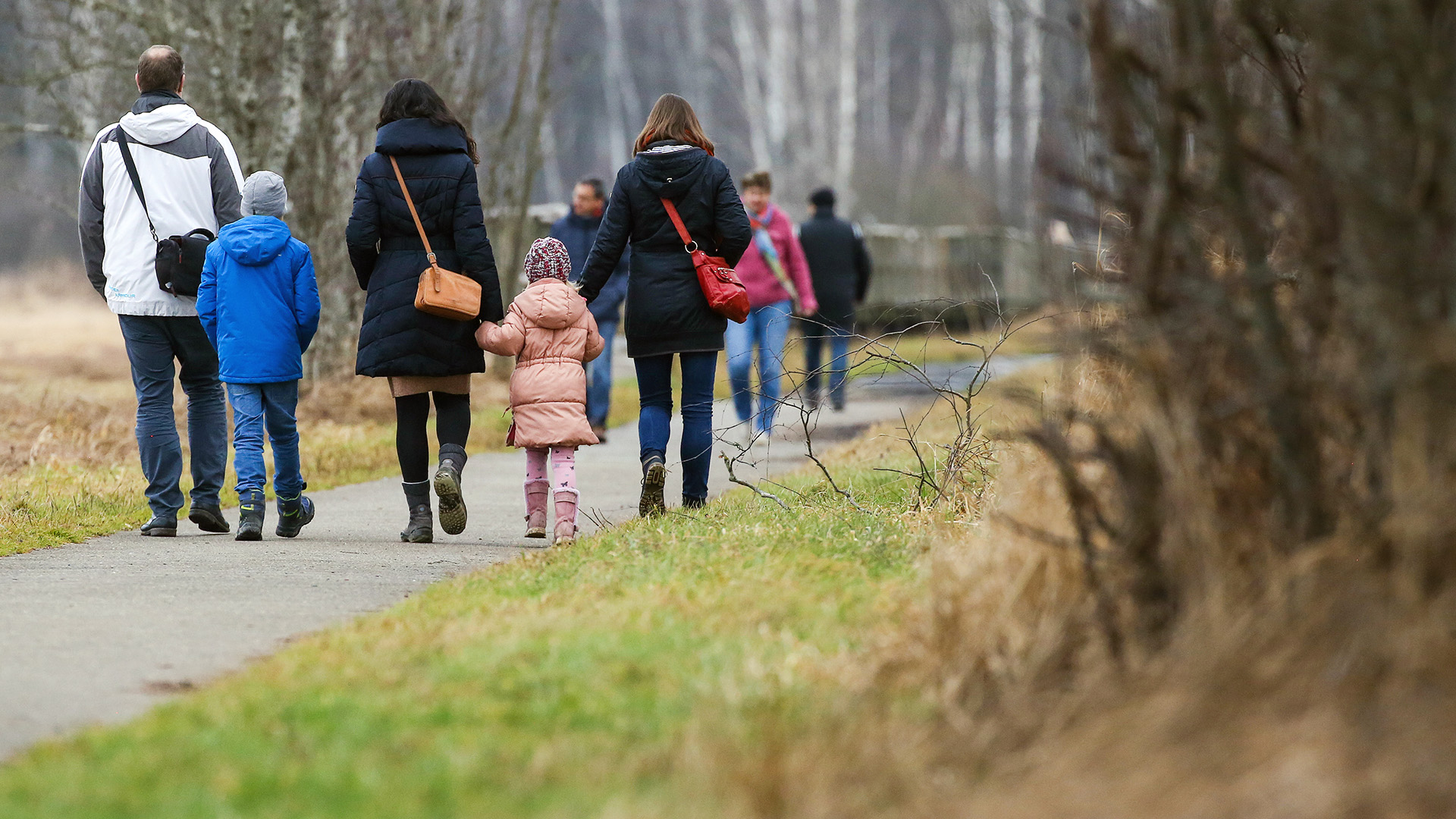 Spaziergänger mit Kindern sind auf einem Rundweg am Federsee unterwegs. | picture alliance/dpa