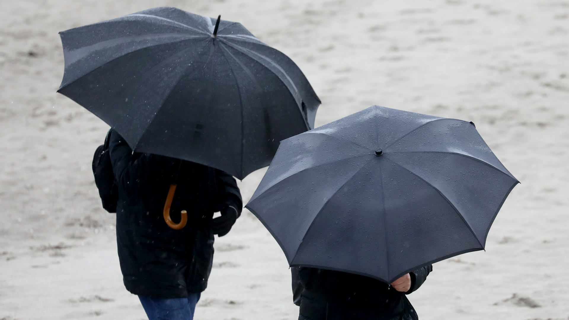  Spaziergänger sind mit wetterfester Kleidung und Regenschirmen bei Regen und Wind am Ostseestrand unterwegs. | dpa