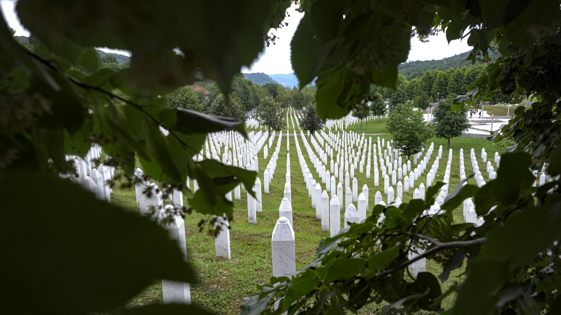 Blick zwischen begrünten Zweigen auf den Gedenkfriedhof in Potocari bei Srebrenica. 