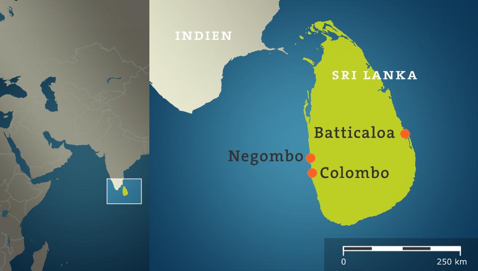 KArte: Sri Lanka mit Colombo, Negombo und Batticaloa