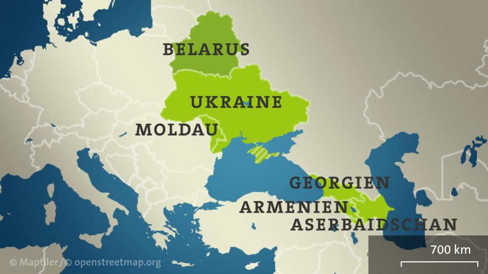 Karte: Moldau, Ukraine, Georgien, Armenien, Aserbaidschan und Belarus.