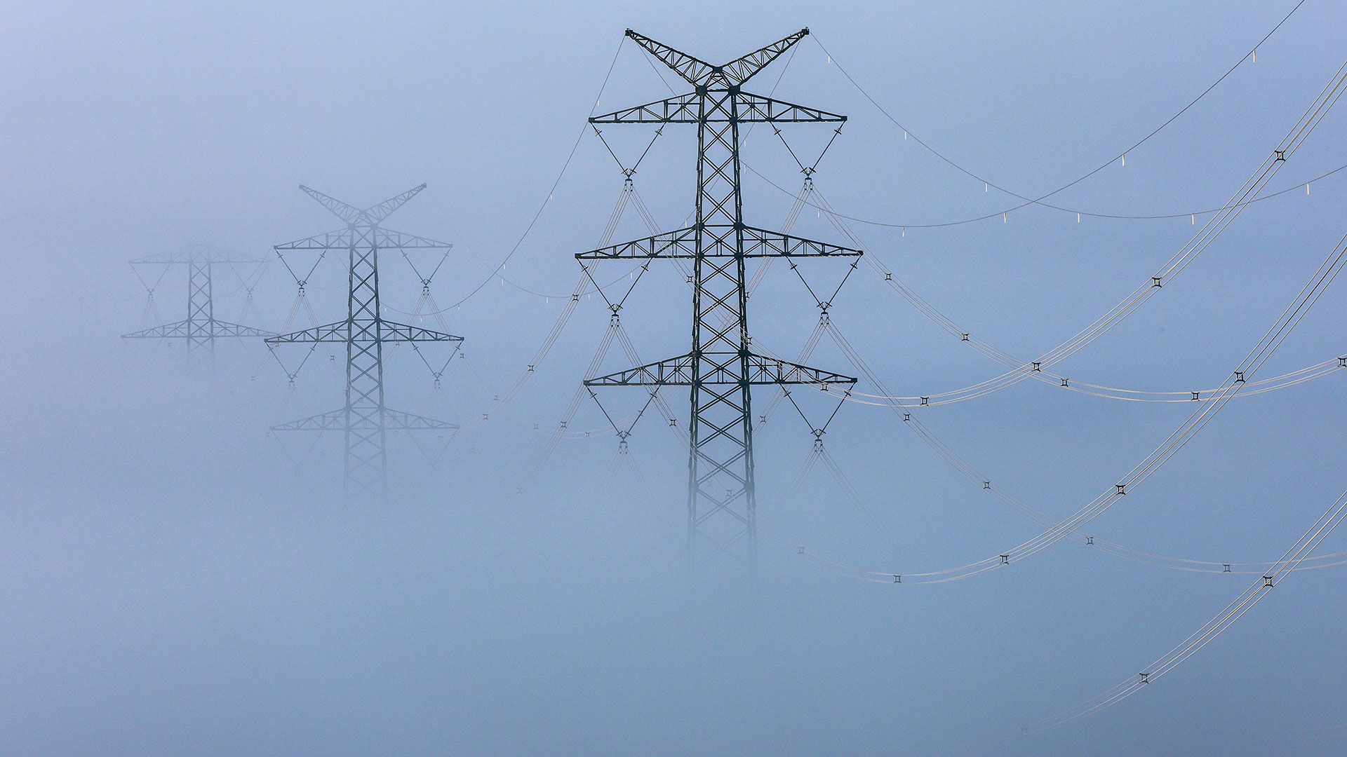 Strommasten ragen am Morgen aus dem Nebel in Oberschwaben.