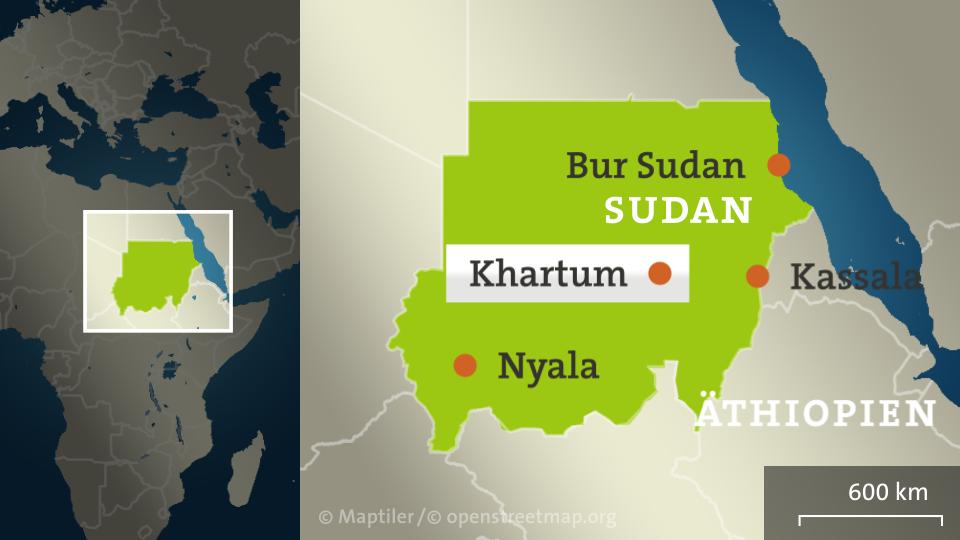 Karte von Sudan mit den Städten Khartum, Bur Sudan, Kassala, Nyala