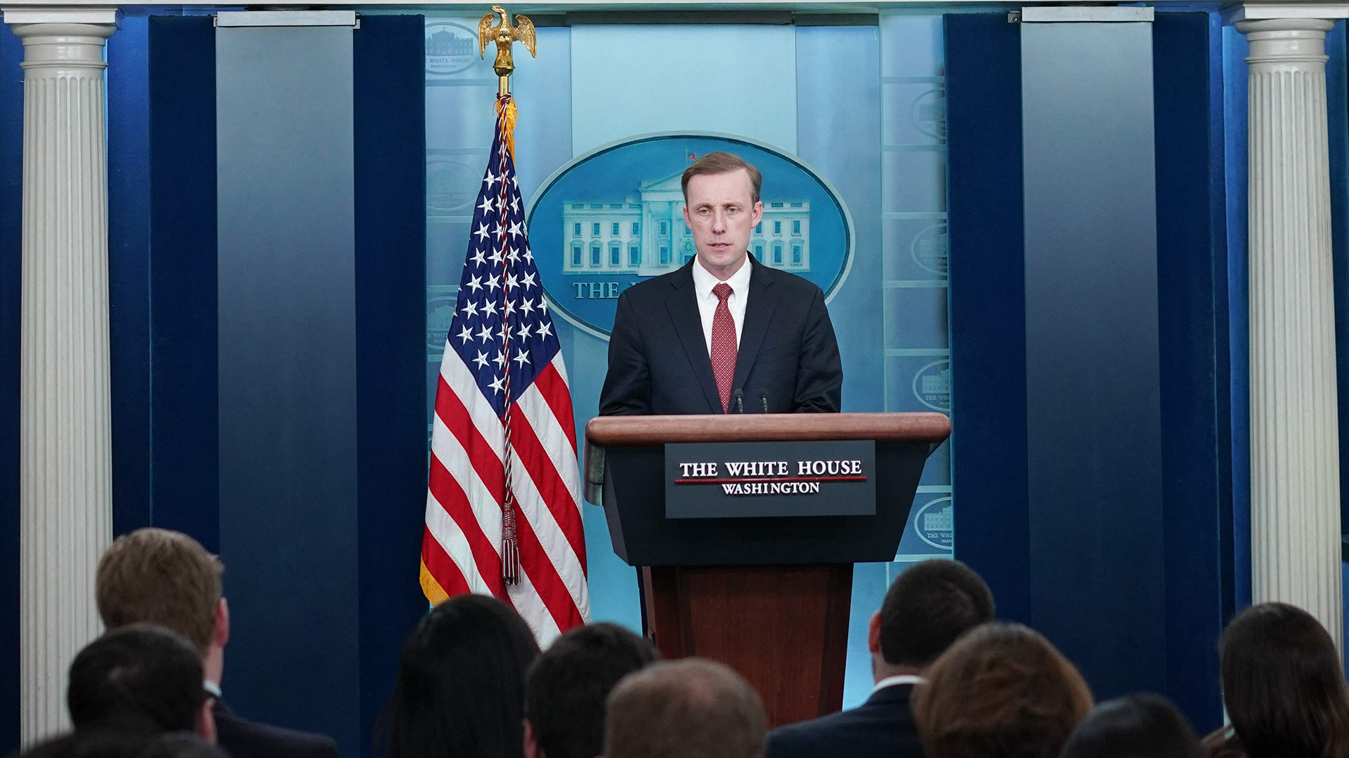 Der Nationale Sicherheitsberater der USA, Sullivan, bei einer Pressekonferenz. | AFP