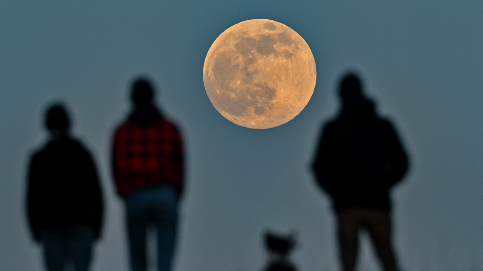 Menschen stehen auf einem Hügel und beobachten den aufgehenden Mond. | dpa