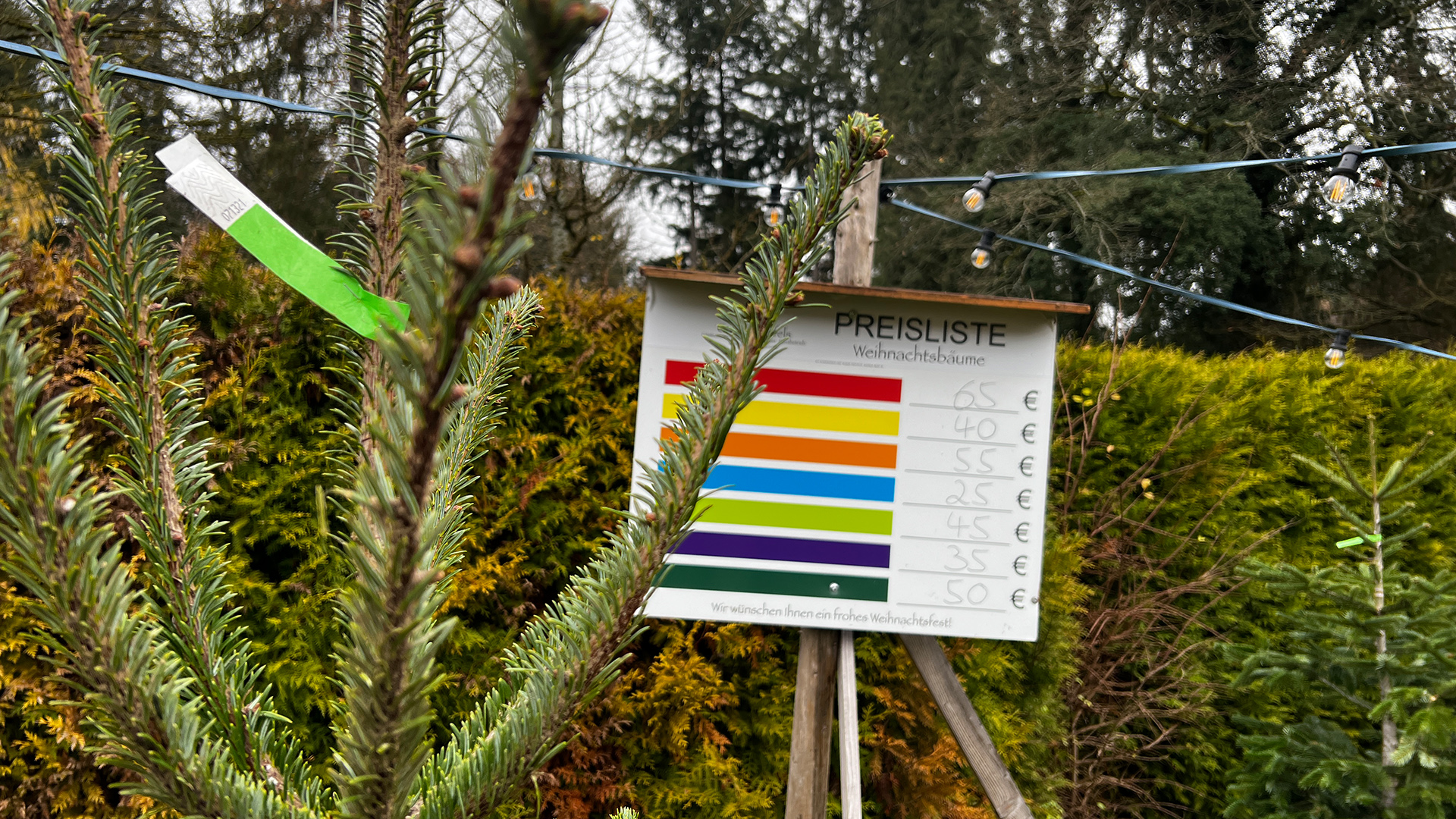 Eine Preisliste für Weihnachtsbäume auf "Gut Lindenfels" im Saarland. | Bertille van Elslande/SR