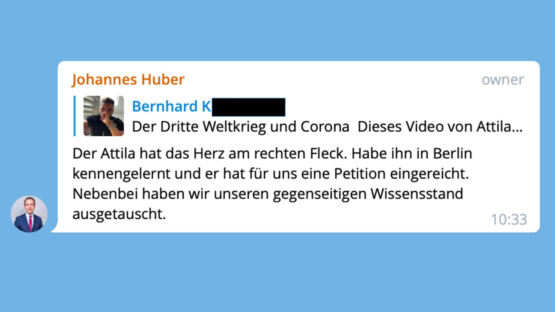 Screenshot einer Telegram-Nachricht von Johannes Huber zu Attila Hildmann | telegram