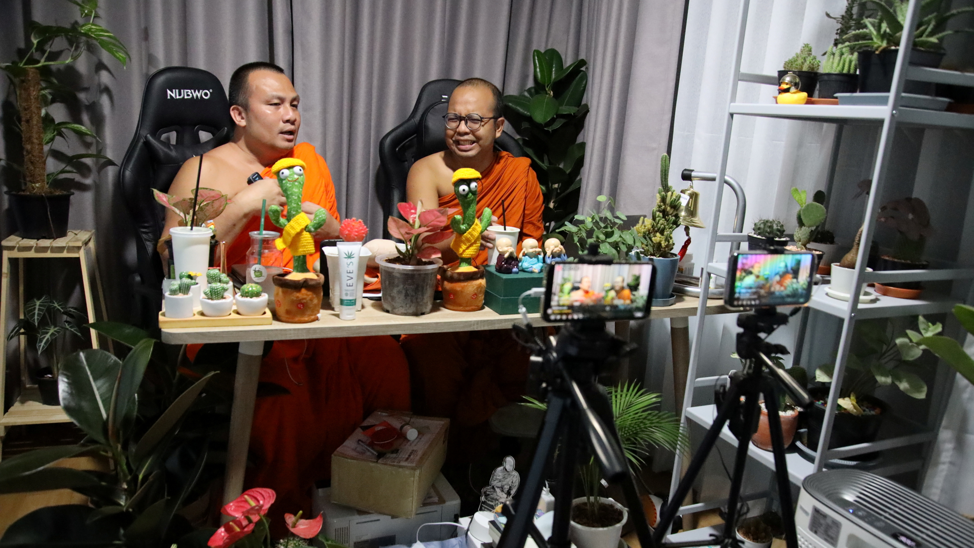 Die Mönche sitzen vor den Handykameras - in Gamer-Sesseln, mit ulkig dekorierten Pflanzen vor sich. | REUTERS