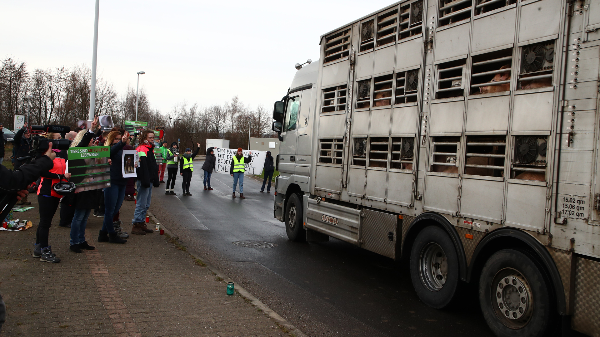 Aktivisten halten einen Tiertransport vor einem Schlachthof auf. | picture alliance/dpa