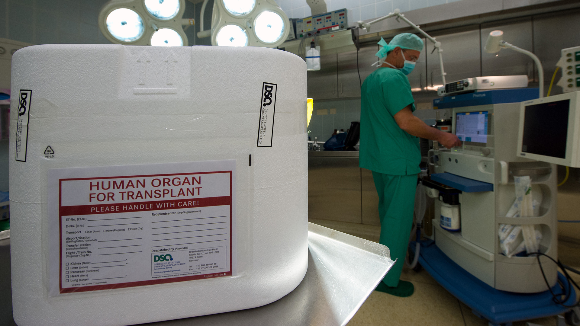 Ein Styropor-Behälter zum Transport von zur Transplantation vorgesehenen Organen steht in Berlin im Operationssaal eines Krankenhauses auf einem Tisch. 