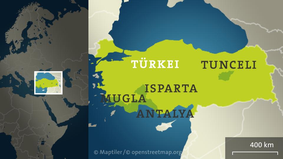 Karte von der Türkei mit den Regionen Antalya, Mugla, Tunceli und Isparta