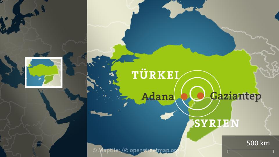 Karte der Türkei mit Gaziantep, Adana und Syrien