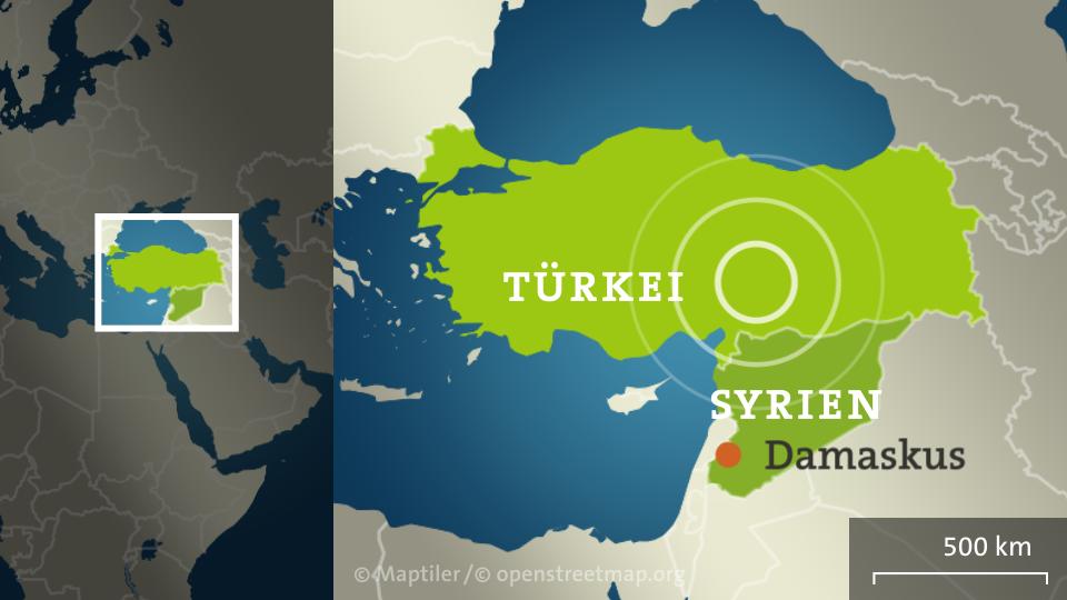 Karte der Türkei und Syrien mit Damaskus