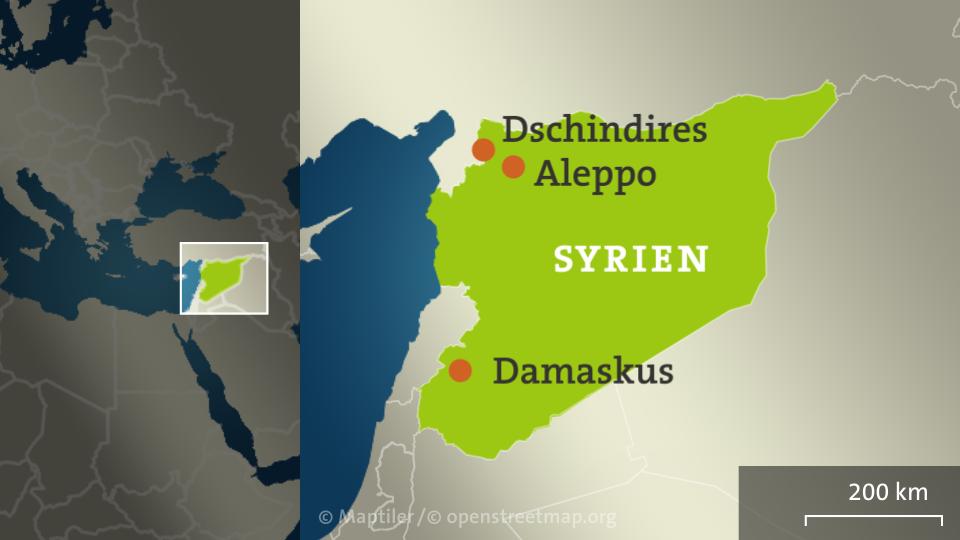 Karte: Syrien mit Dschindires, Aleppo, Damaskus