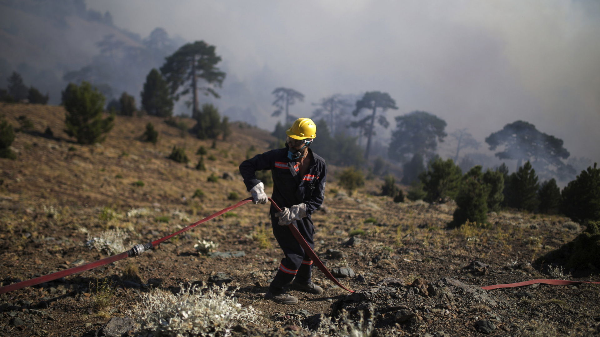 Ein Feuerwehrmann versucht in einem Wald im Bezirk Köycegiz einen Brand zu löschen. | AP
