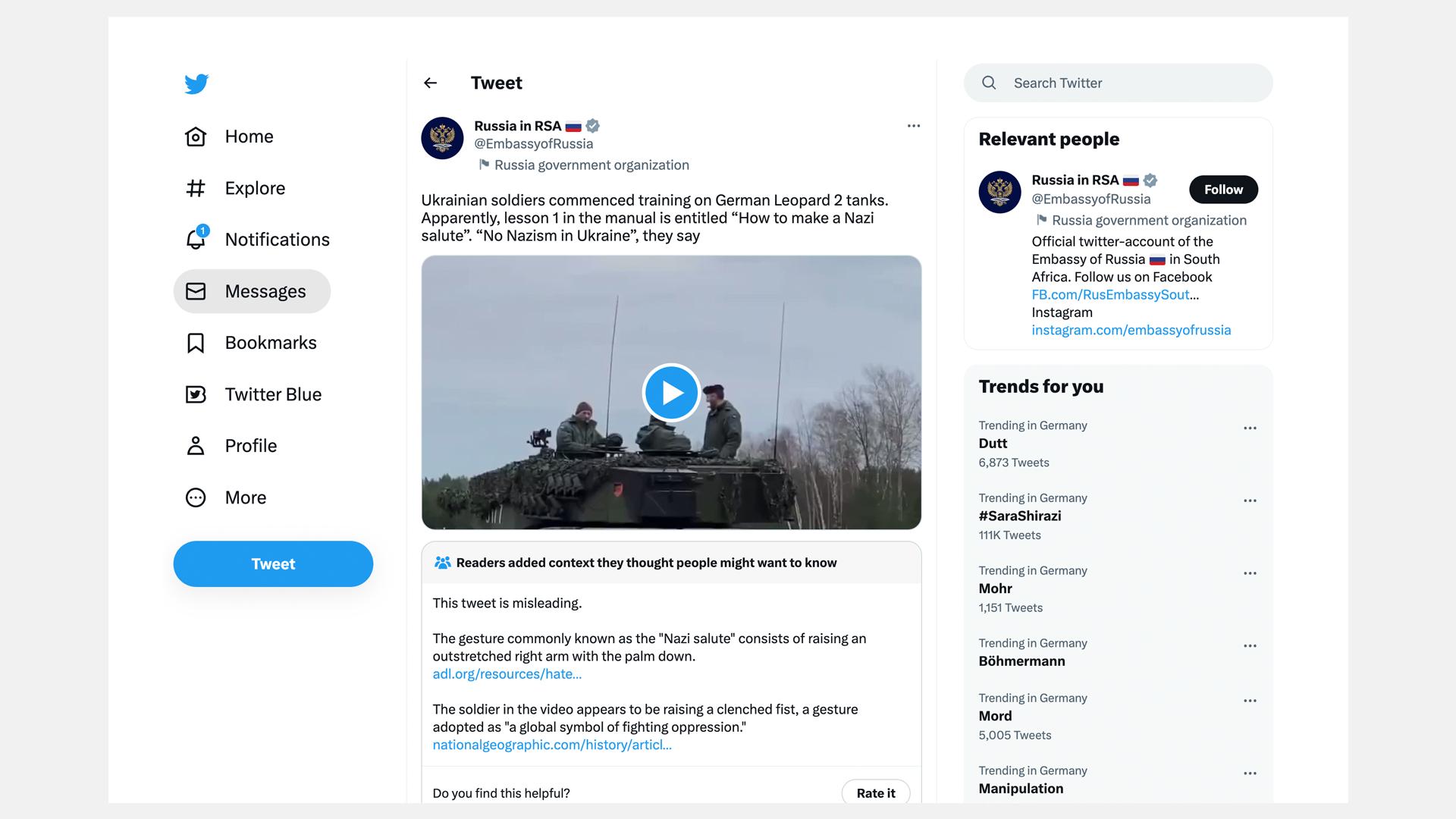 Screenshot des twitter-Accounts EmbassyofRussia, Stand 23.2.2023 | twitter.com/EmbassyofRussia