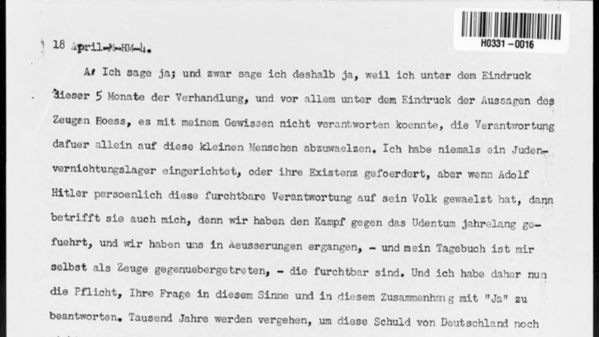 Dokument mit der Aussage von Hans Frank mit Schreibmaschine geschrieben. | exhibits.stanford.edu/