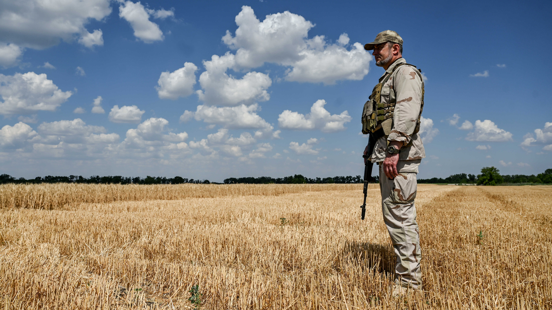 Ein Soldat in Flecktarn in einem abgemähten ukrainischen Weizenfeld.