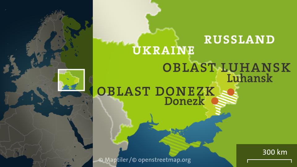 Die Karte zeigt die Ukraine mit dem Separatistengebiet in Luhansk und Donezk sowie Teile Russlands
