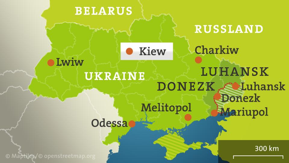 Die Karte zeigt die Ukraine mit dem Separatistengebiet in Luhansk und Donezk sowie Teile Russlands und Belarus'.