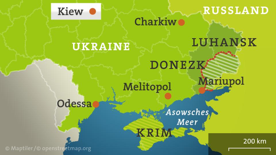 Die Karte zeigt die Ukraine mit dem Separatistengebiet in Luhansk und Donezk sowie Teile Russlands.