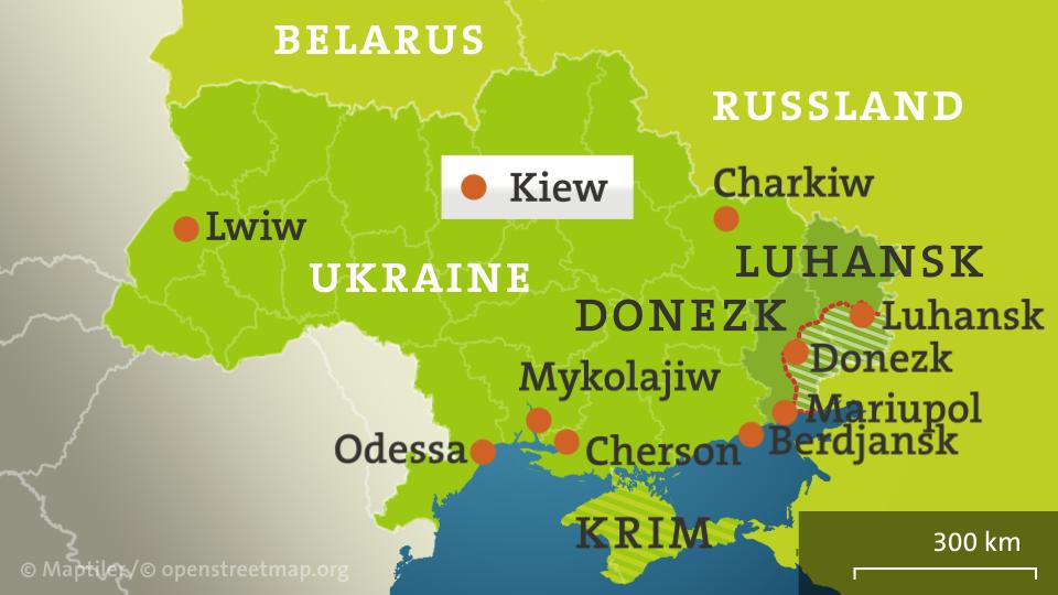 Die Karte zeigt die Ukraine mit dem Separatistengebiet in Luhansk und Donezk sowie Teile Russlands und Belarus'.