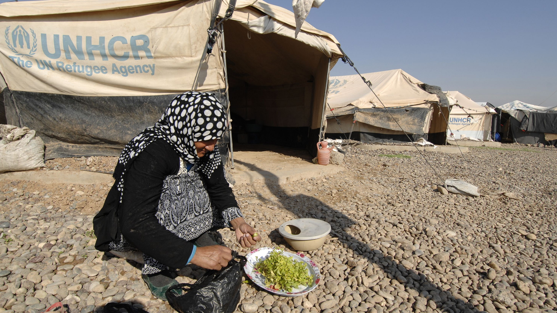 Eine Frau sitzt vor einem Zelt in einem UNHCR-Flüchtlingslager bei Mossul (Irak) | Bildquelle: AFP