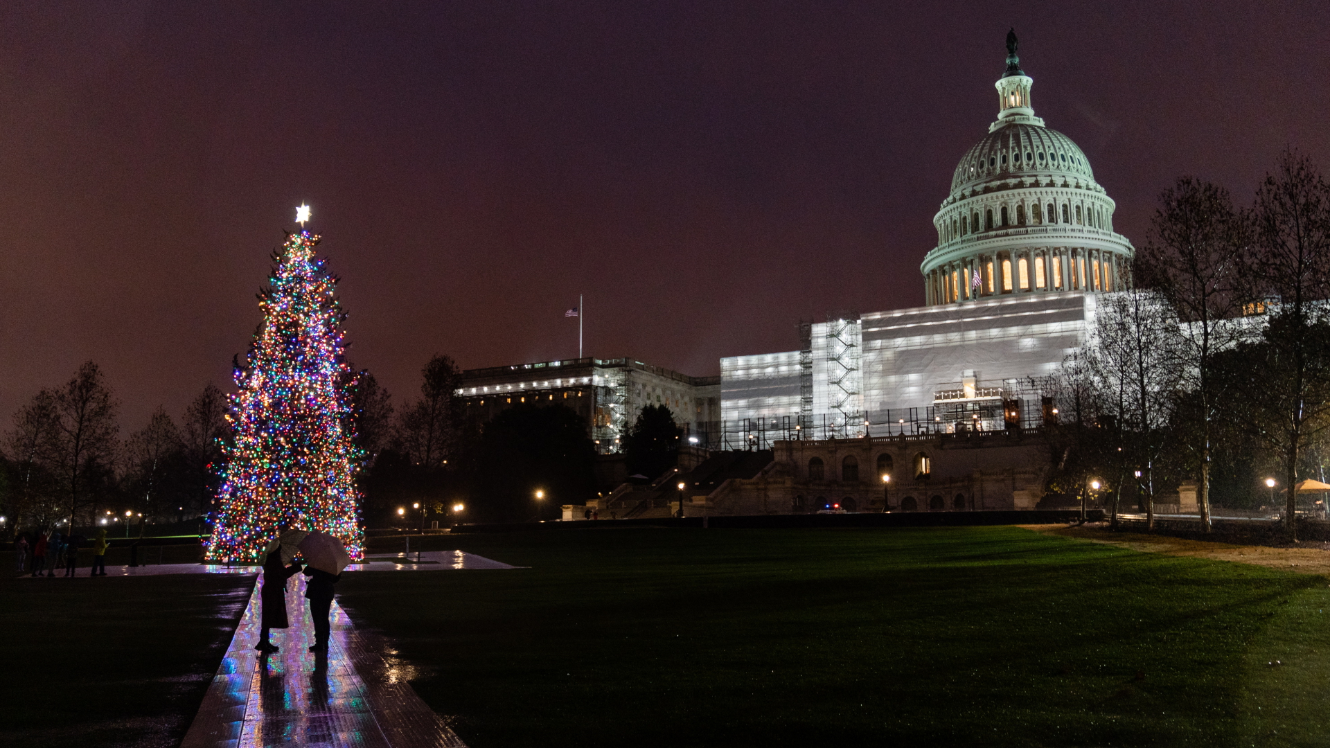 Das Kapitol in Washington am Abend, auf der Straße davor stehen zwei Passanten mit Regenschirmen vor einem beleuchteten Weihnachtsbaum. | EPA