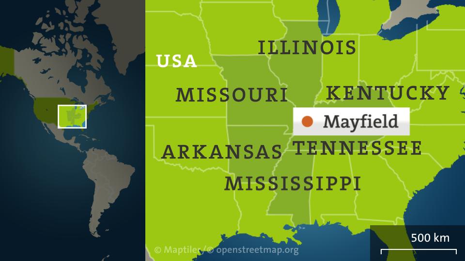 Karte von den Vereingiten Staaten Amerika mit den Bundesstaaten Illinois, Missouri, Kentucky, Tennessee, Arkansas, Mississippi und der Stadt Mayfield