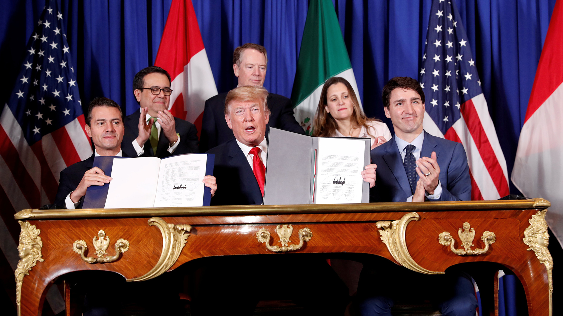 US Präsident Donald Trump, Kanadas Premierminister Justin Trudeau und Mexikos Präsident Enrique Pena Nieto | Bildquelle: REUTERS