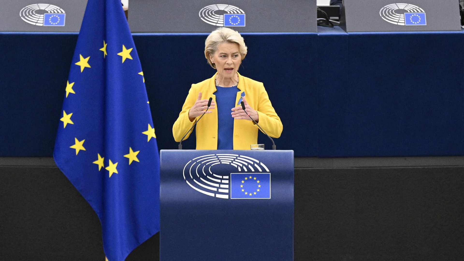 Ursula von der Leyen während ihrer Rede zur Ukraine im Europäischen Parlament in Straßburg. | AFP