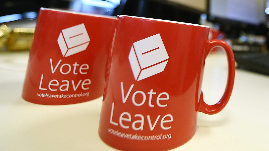 Tassen der Vote-Leave-Kampagne in Großbritannien