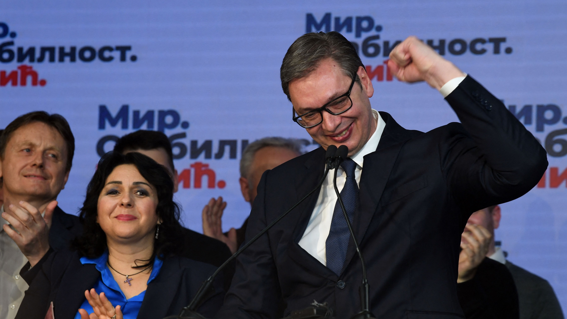 Serbiens Präsident Aleksandar Vucic nach den Wahlen | AFP