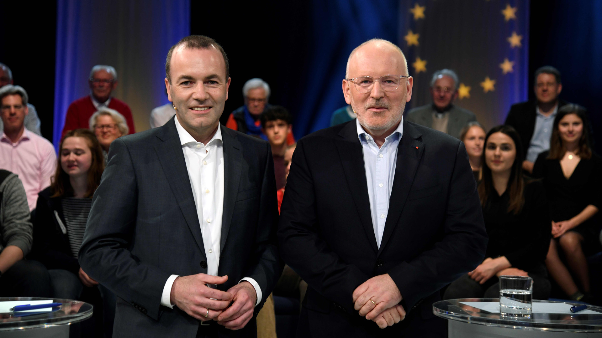Manfred Weber und Frans Timmermans in der ARD-Wahlarena | AFP