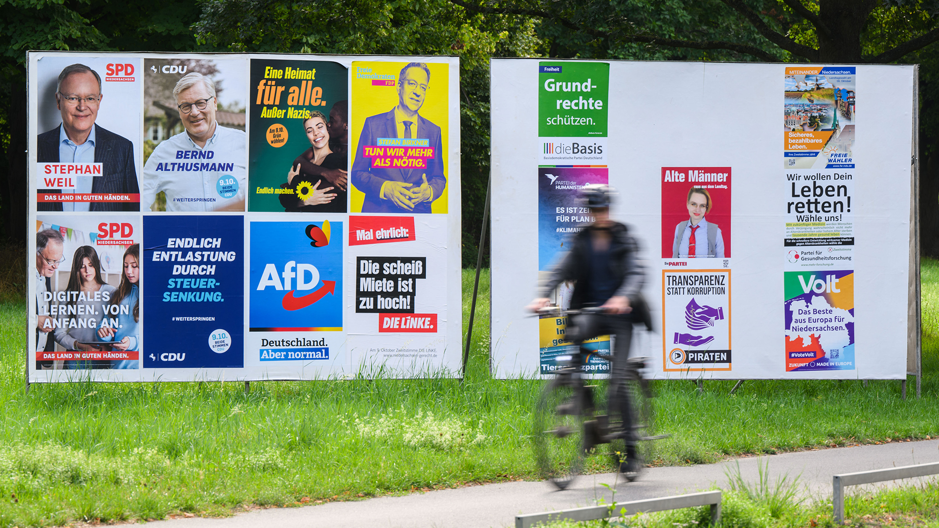 Ein Fahrradfahrer passiert Wahlplakate von vielen verschiedenen Parteien. | dpa