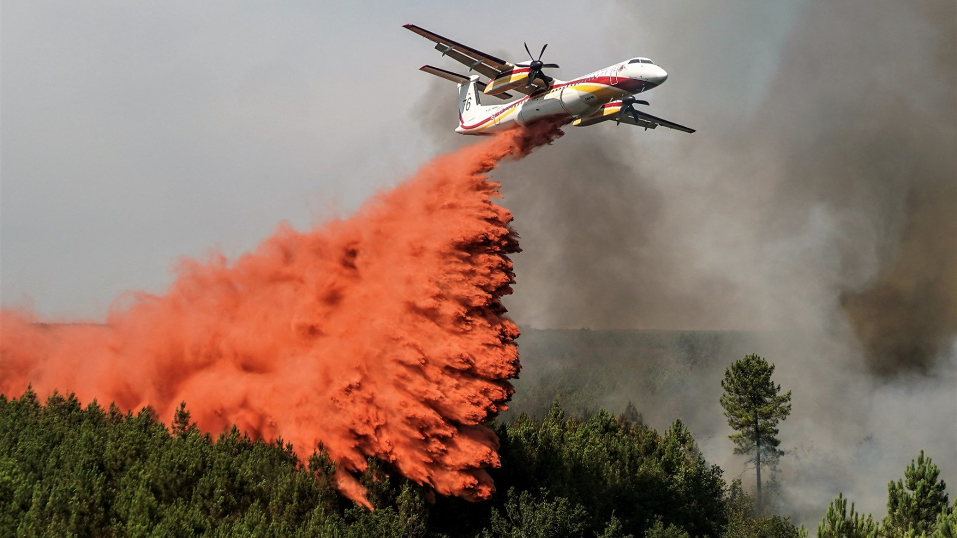 Ein Löschflugzeug wirft in der Region Gironde im Südwesten Frankreichs Flammschutzmittel ab | via REUTERS