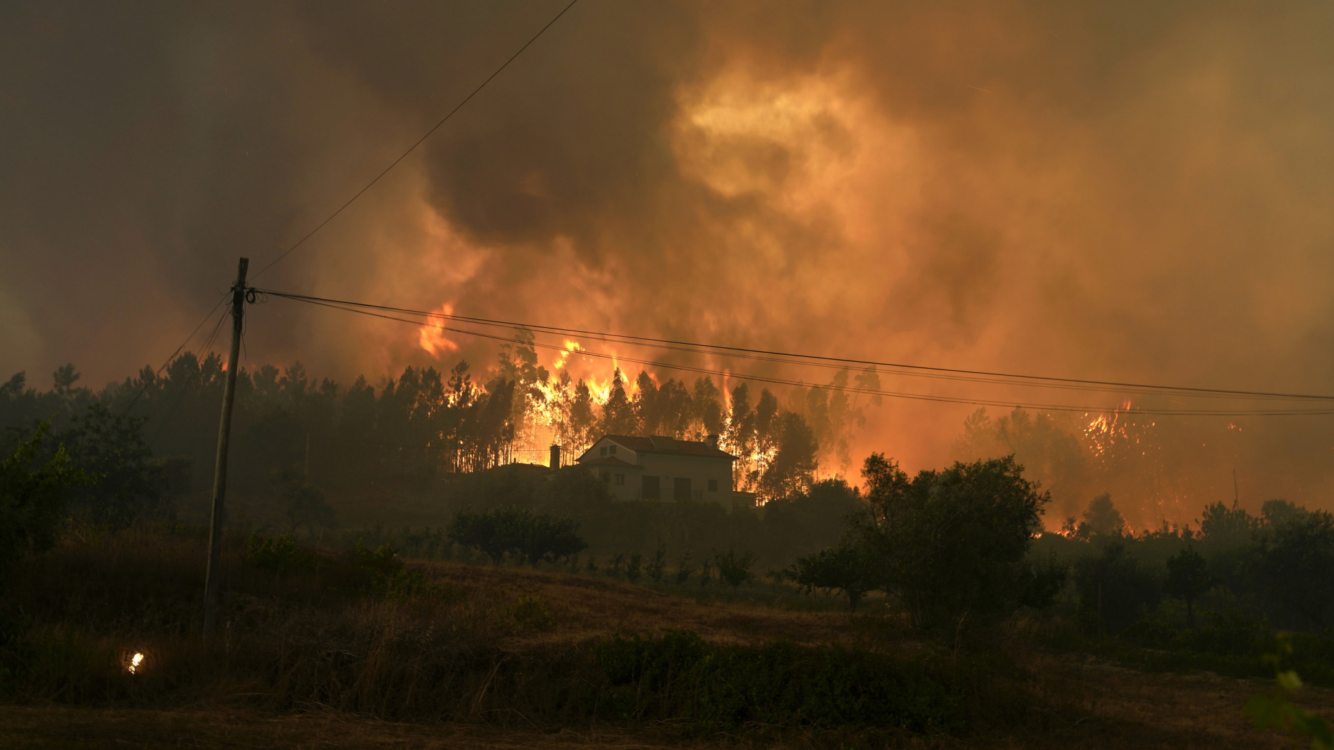 Ein Waldbrand nähert sich einen Haus in Portugal. | AP