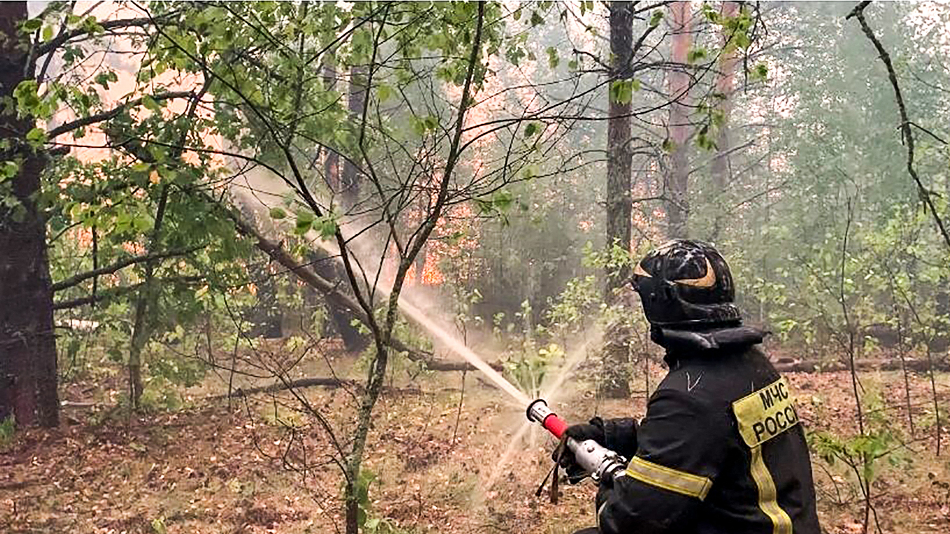 Ein Feuerwehrmann löscht einen Flächenbrand in der Region Rjasan bei Moskau. | AFP